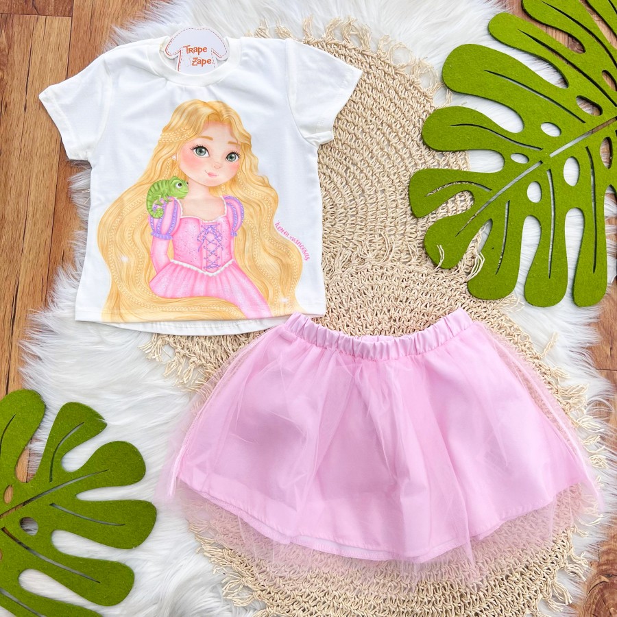  Conj. Blusa Princesa Rapunzel e Saia em Tule - Rosa